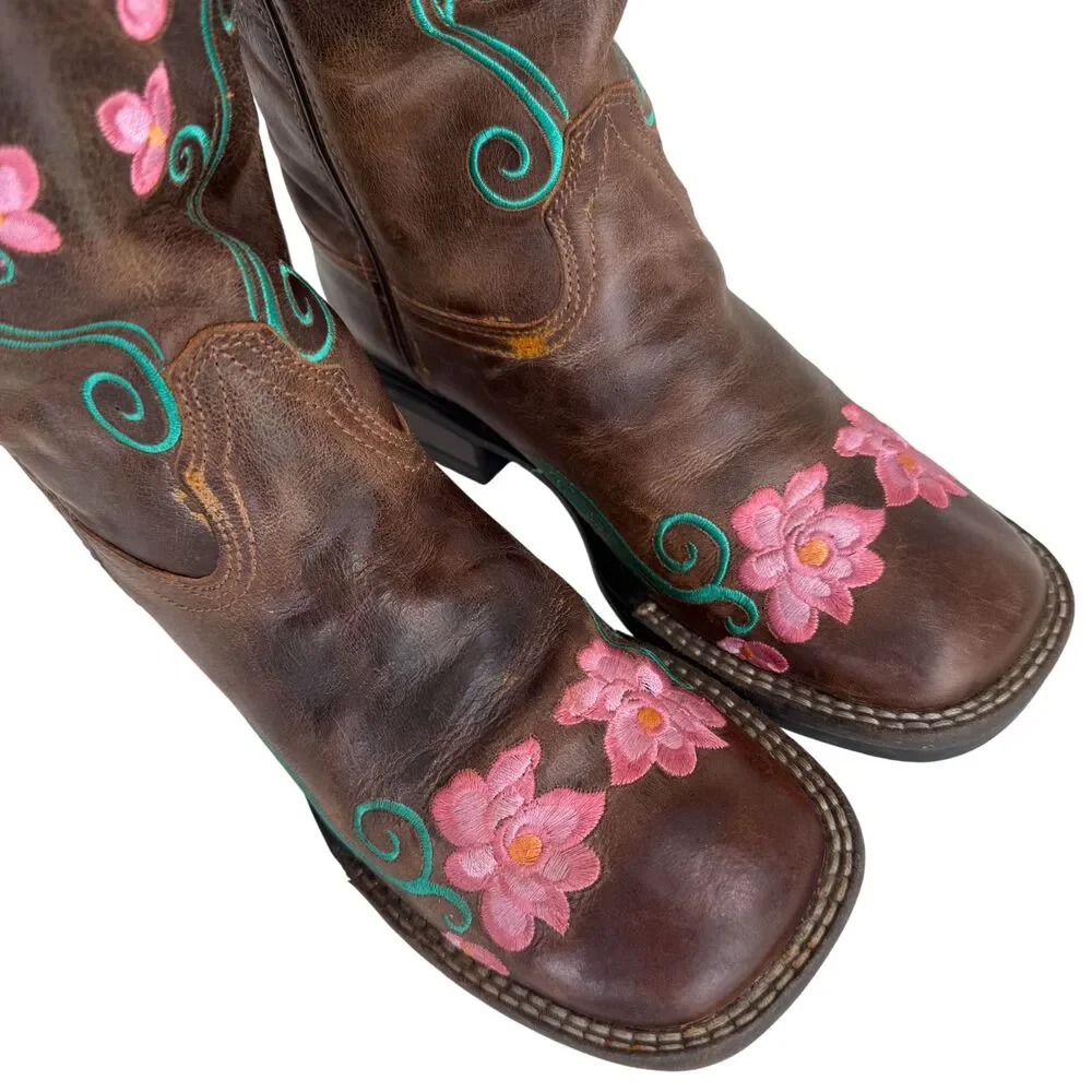 ROPER Little Girl Boots Size 3 Helen Brown Color Floral Embroidery & Leather